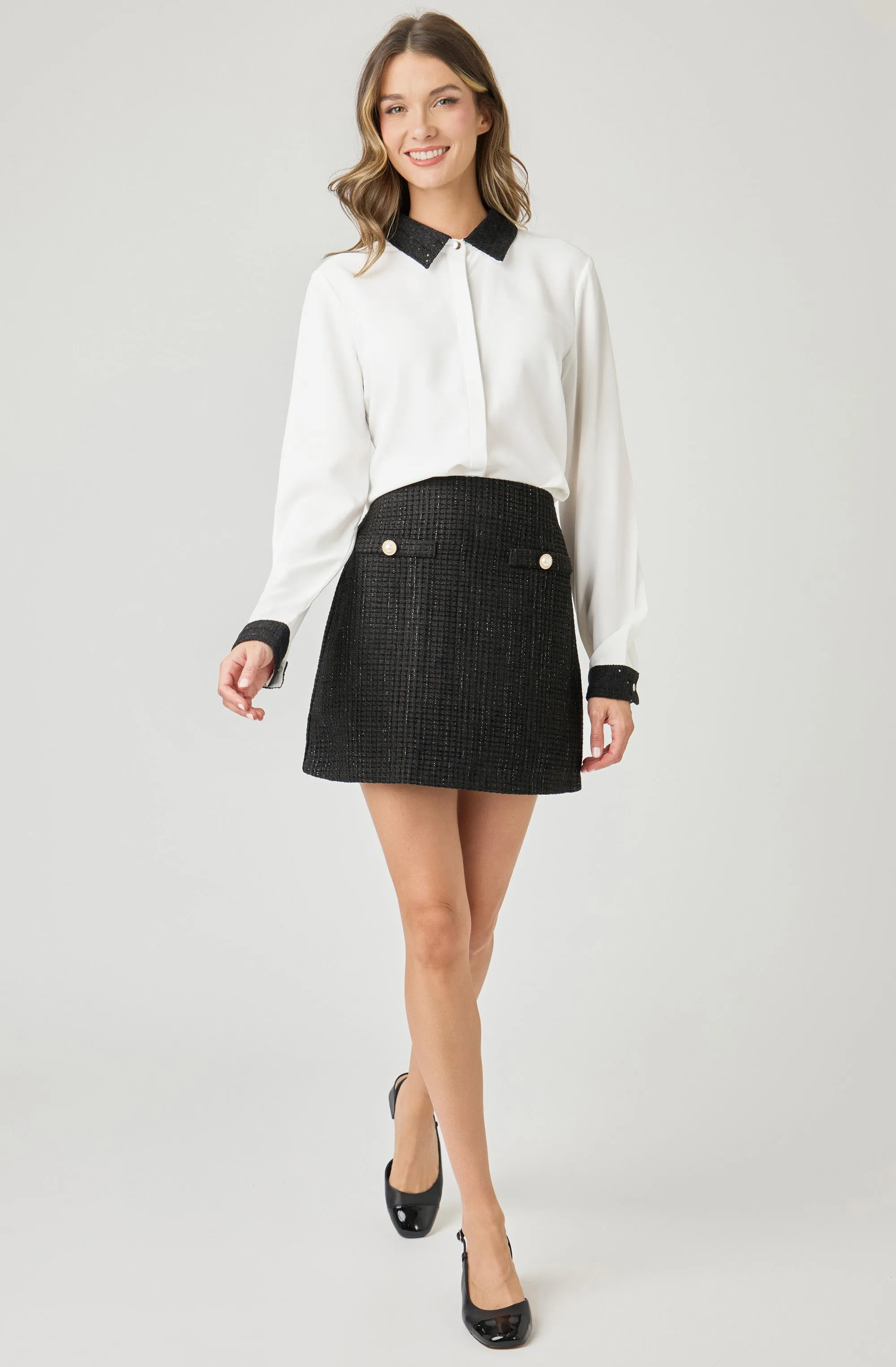 A-Line Bouclé Skirt with Pearl Buttons