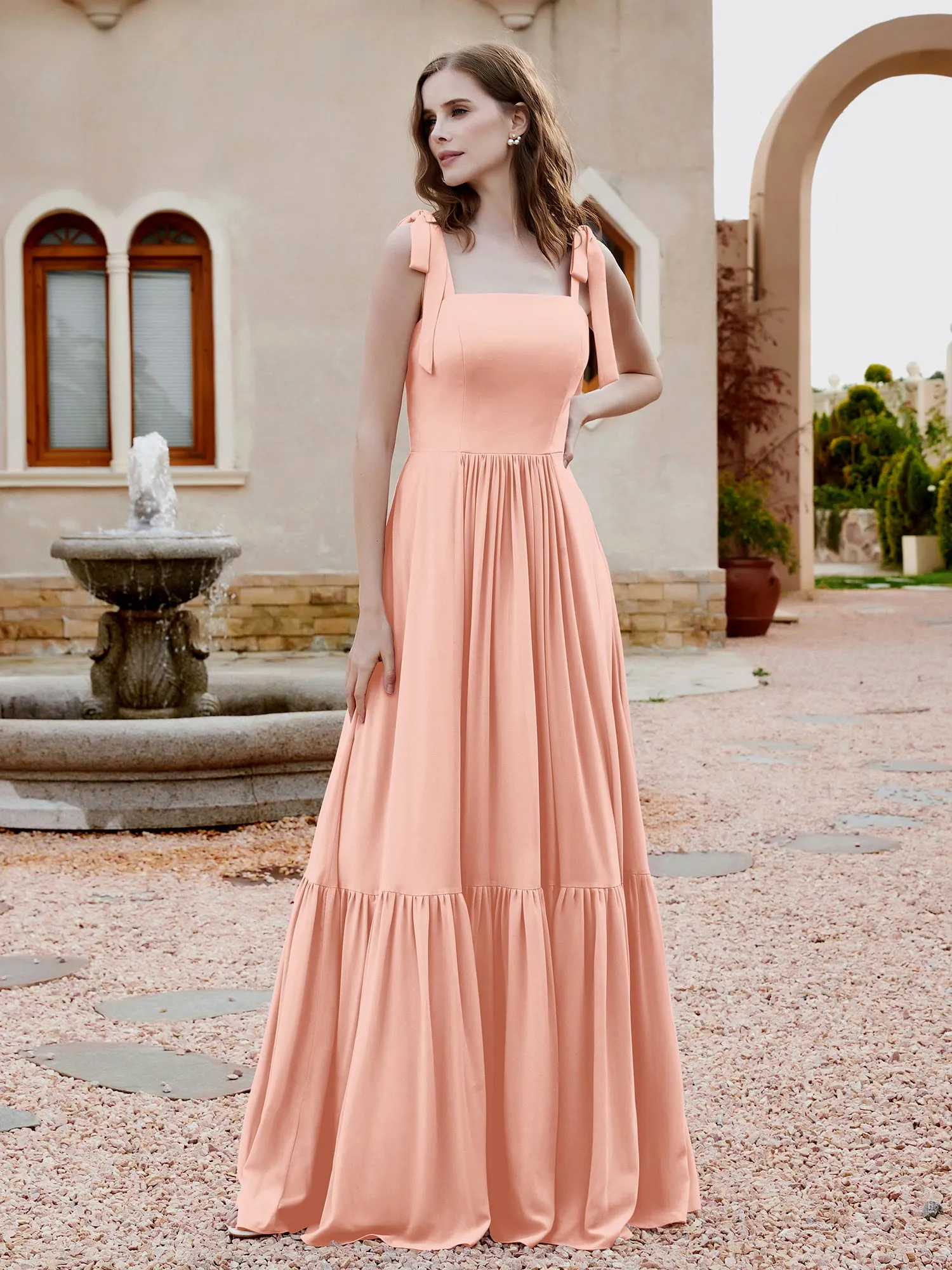 A-Line Bow Ruffle Sleeveless Chiffon Dress Coral