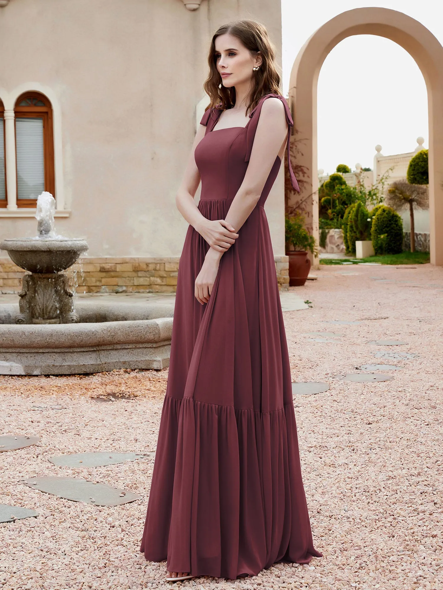 A-Line Bow Ruffle Sleeveless Chiffon Dress Mulberry