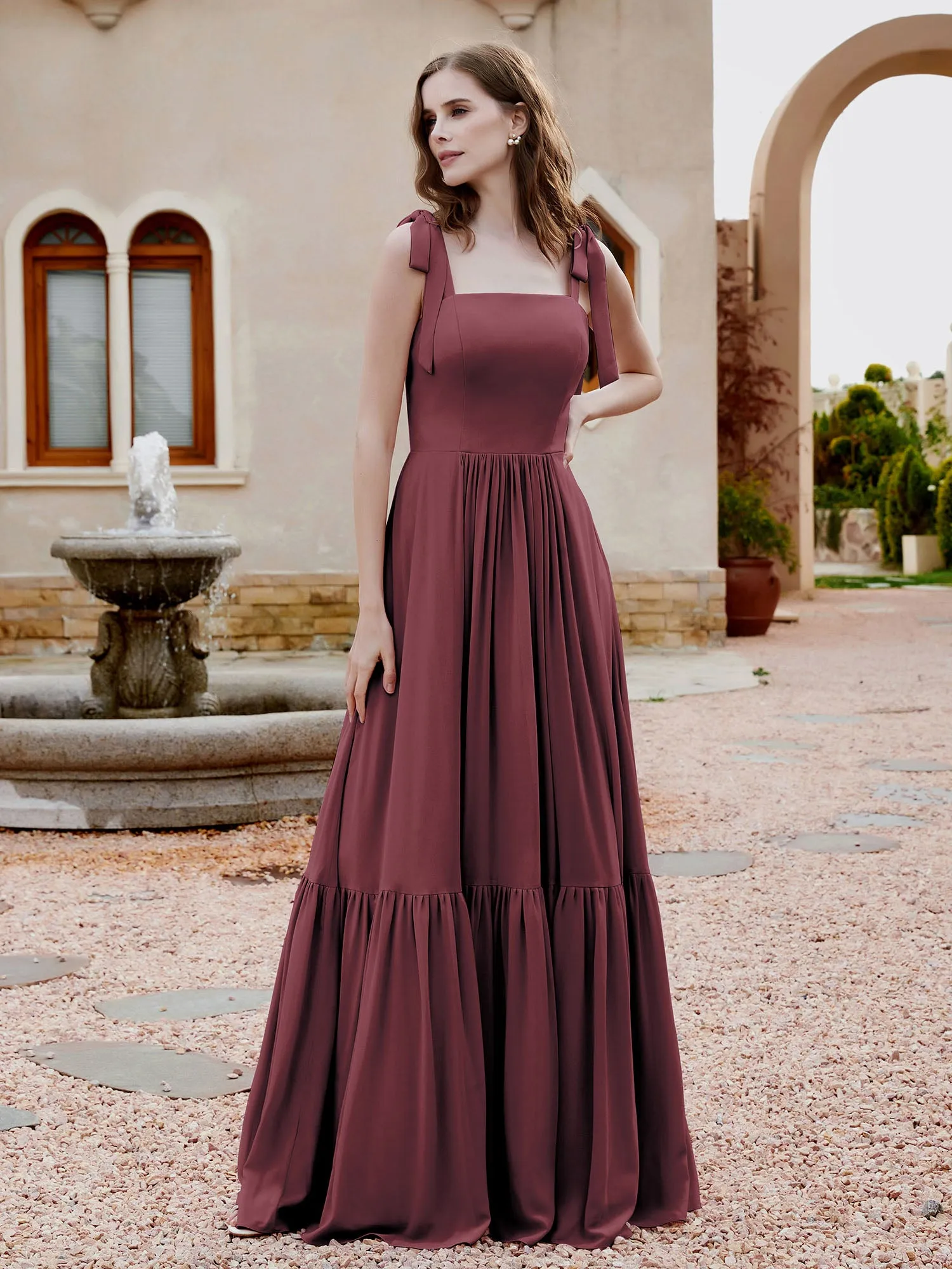 A-Line Bow Ruffle Sleeveless Chiffon Dress Mulberry