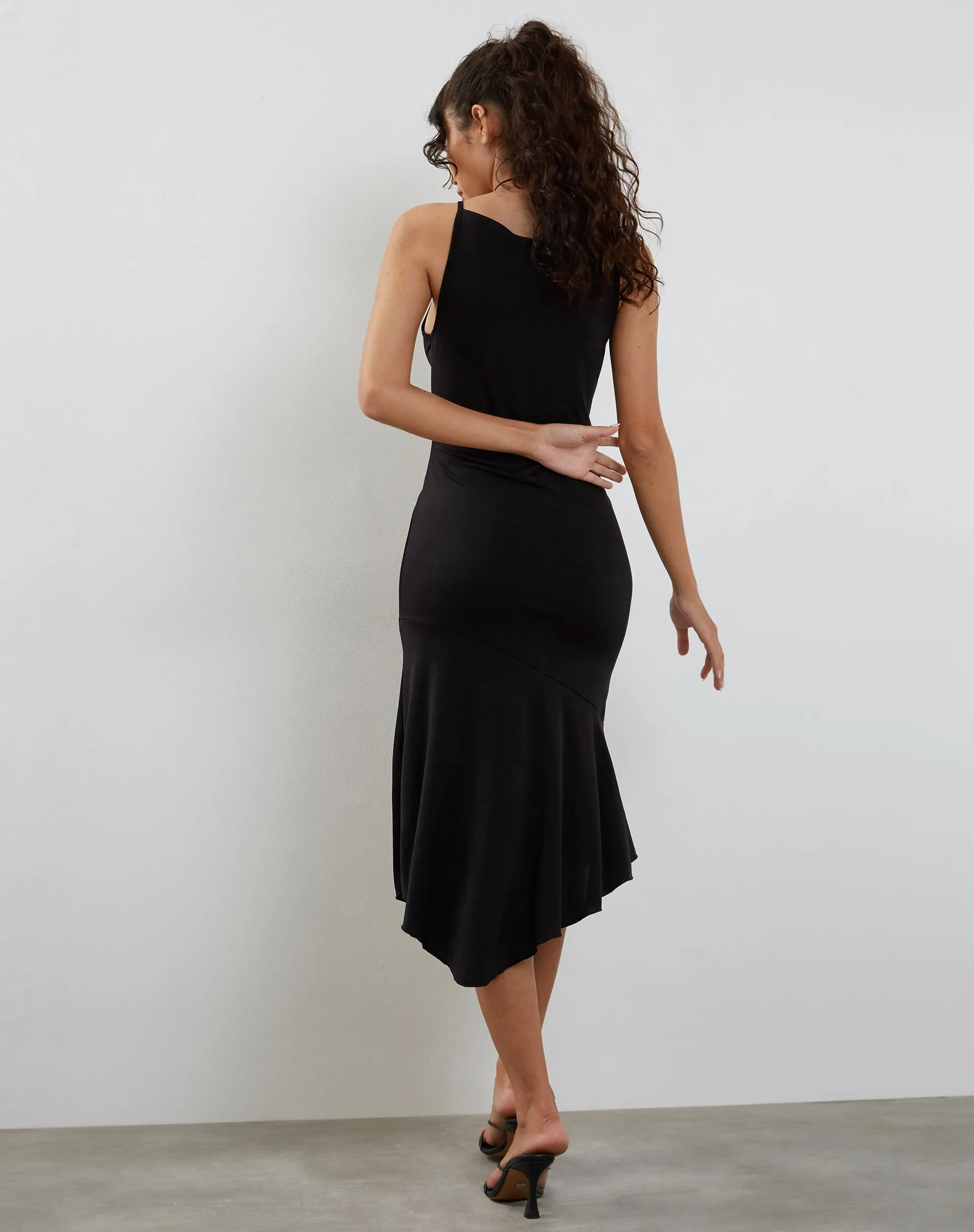 Adina Asymmetric Hem Midi Dress in Slinky Black