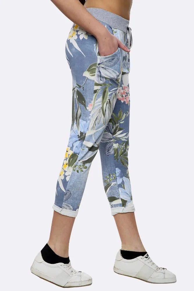 Anne   Kate Italian Tropical Floral Light Denim Print Trousers 14-18