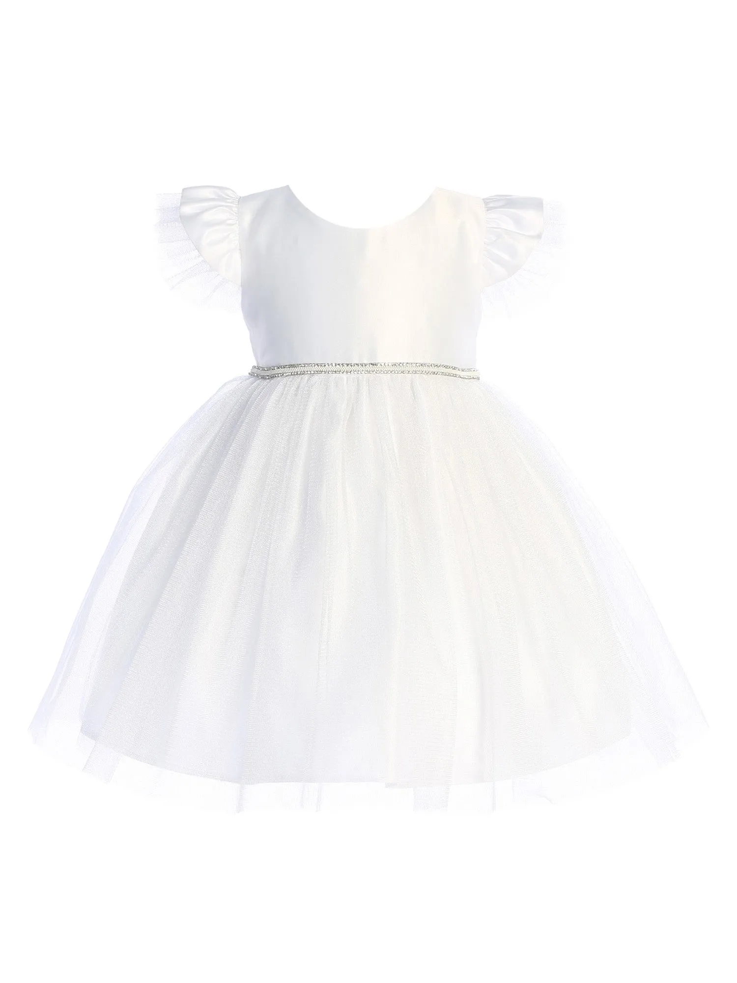 Baby Girls White Satin Tulle Flutter Sleeve Flower Girl Dress 6-24 Months