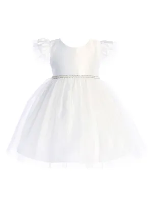 Baby Girls White Satin Tulle Flutter Sleeve Flower Girl Dress 6-24 Months