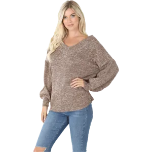 Balloon Sleeve Wide Neck Sweater - Mocha