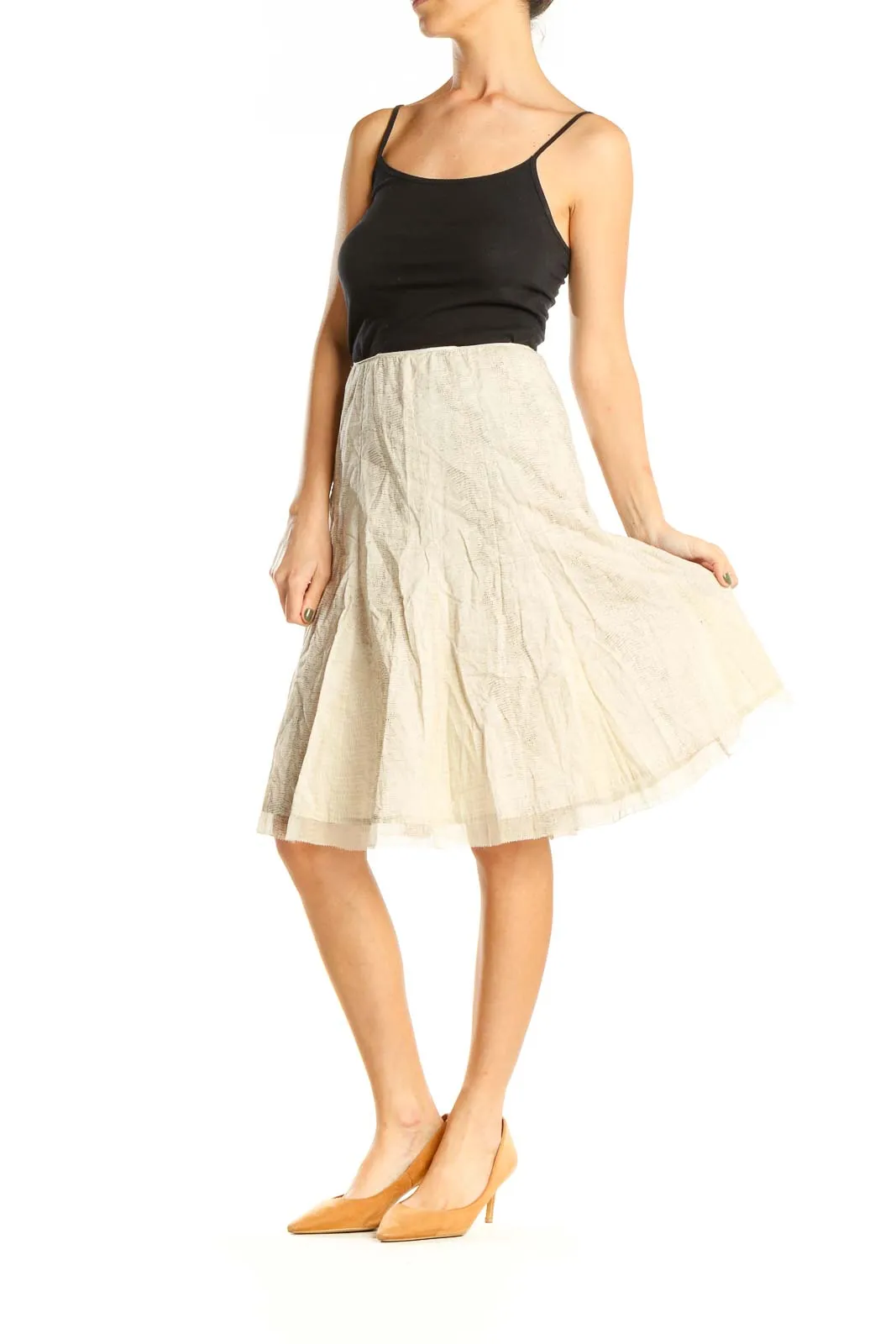 Beige Textured Chic Flared Skirt