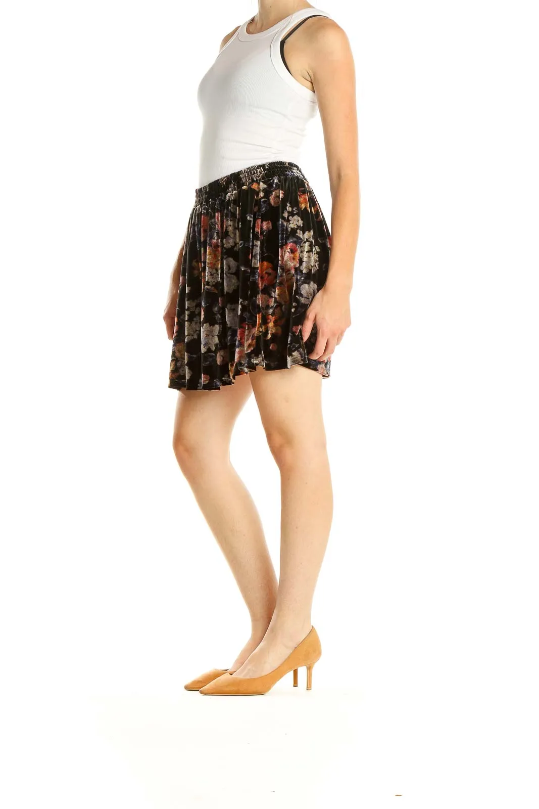 Black Floral Print Chic Flared Skirt