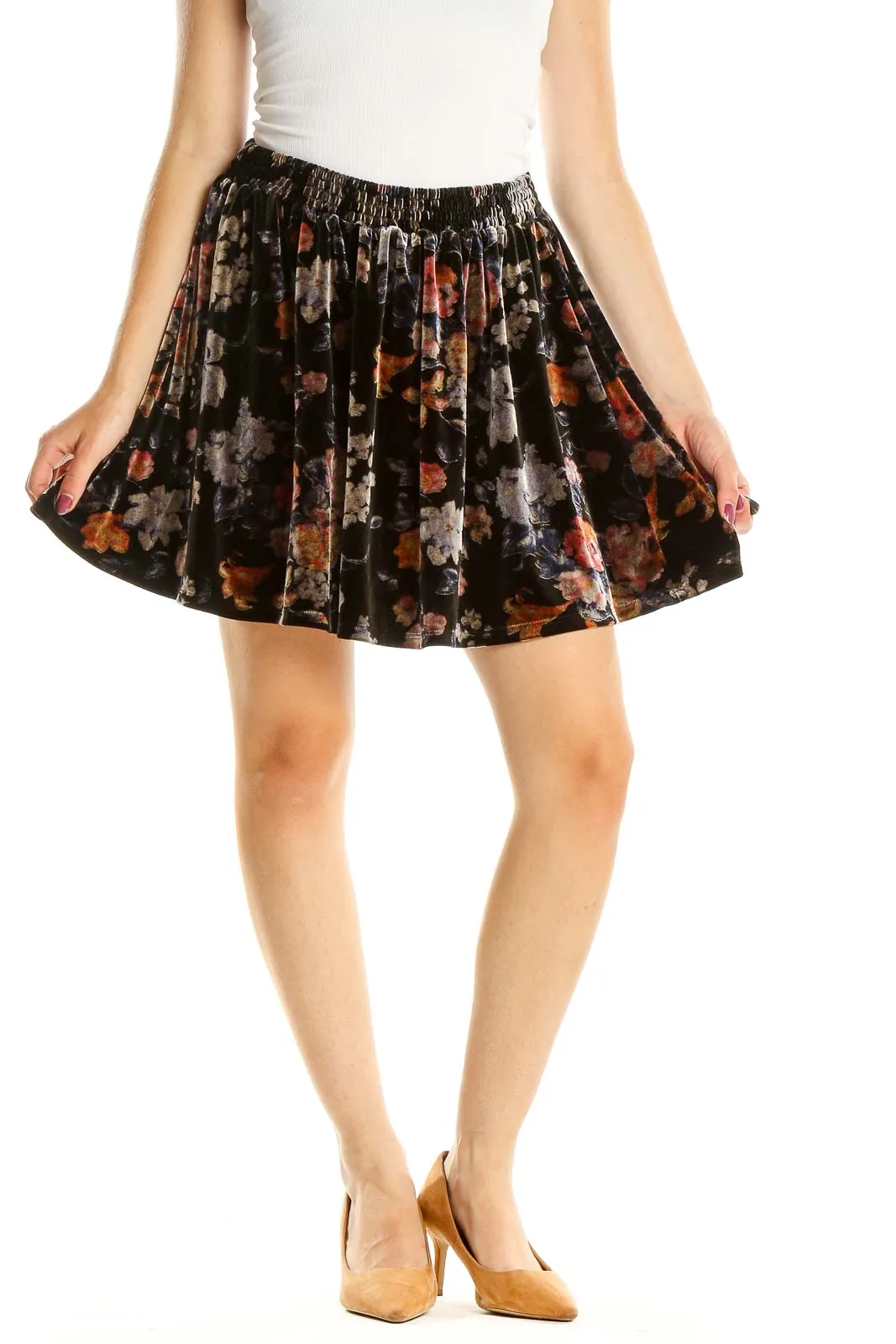 Black Floral Print Chic Flared Skirt