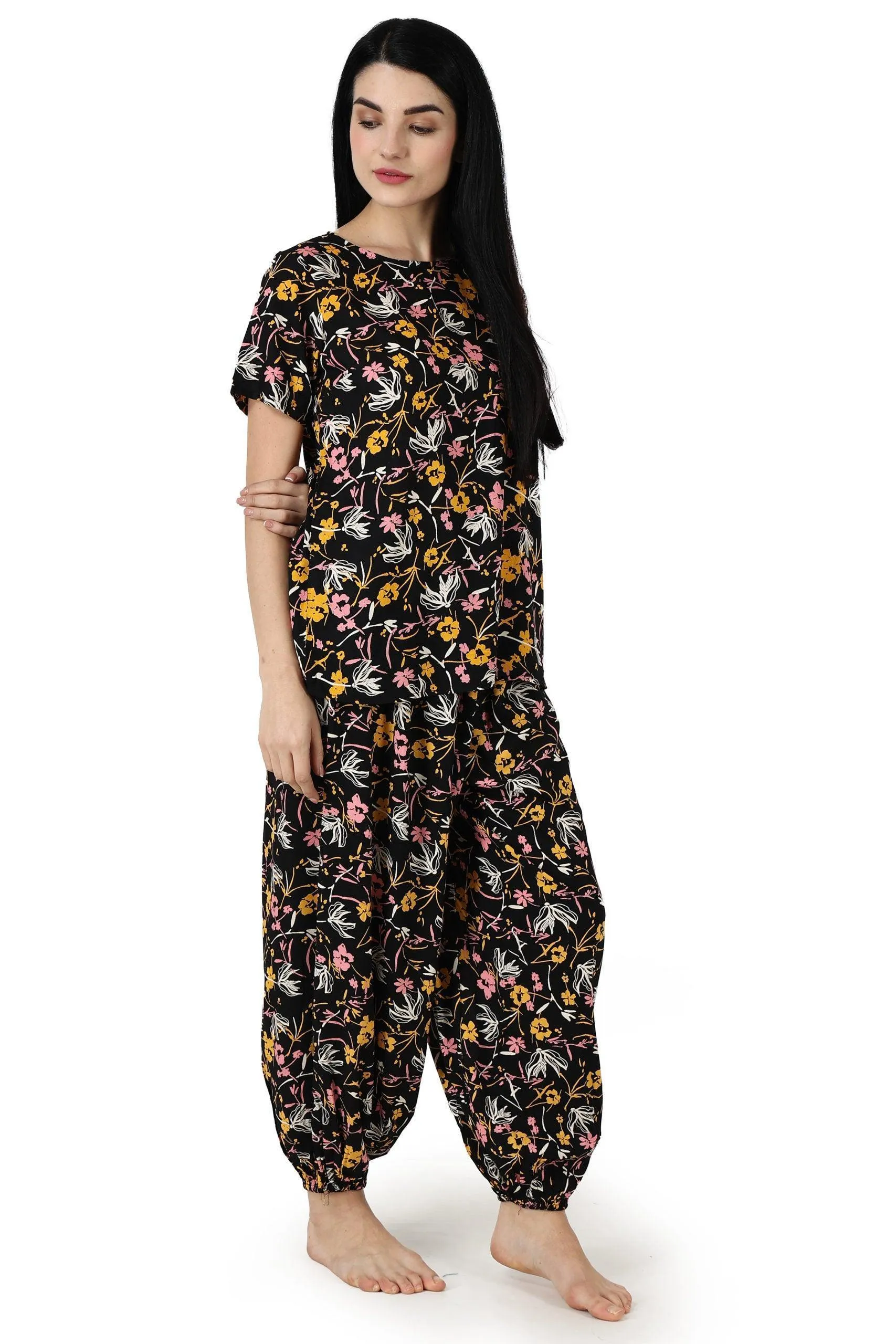 Black Floral Printed Night Suit Set with Harem Pants