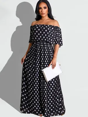 Chiffon Off Shoulder Polka Dot Maxi Dresses