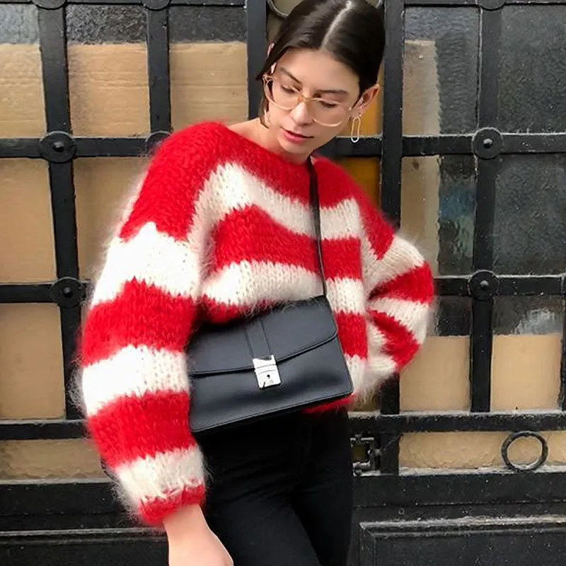 Chunky Hand Knit Stripe Boat Neck Puff Sleeve Red and White Striped Sweater