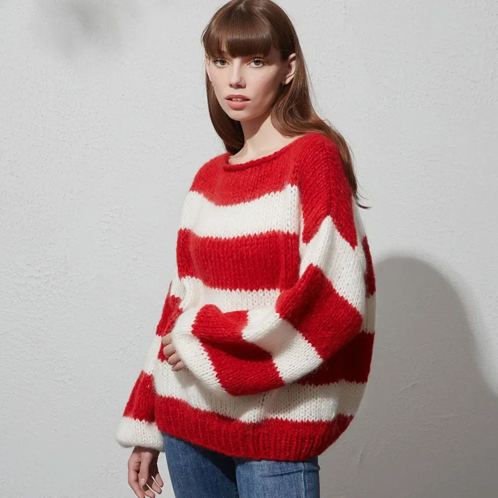 Chunky Hand Knit Stripe Boat Neck Puff Sleeve Red and White Striped Sweater