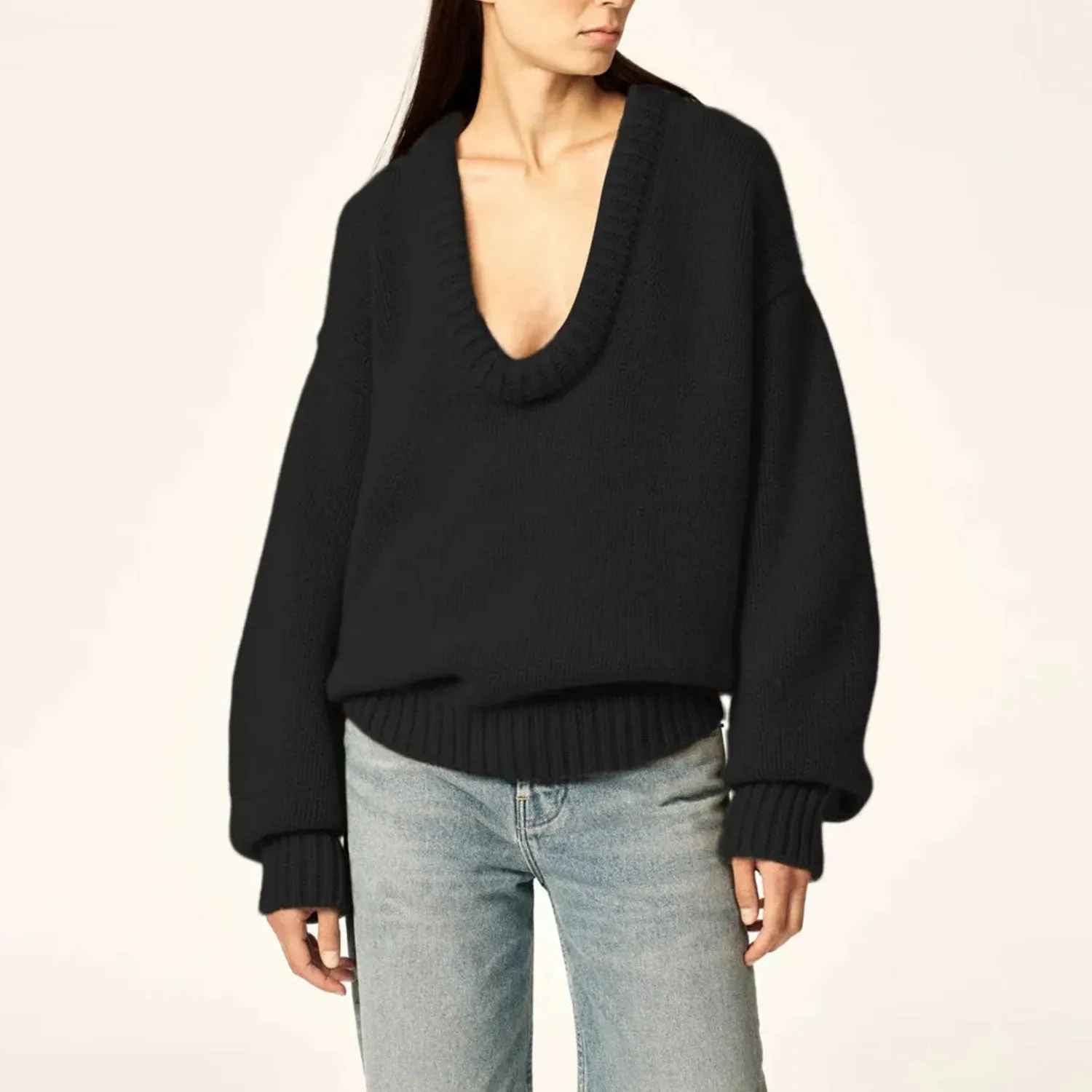 Chunky Ribbed Knit Neck Drop Shoulder Blouson Sleeve Oversized Sweater