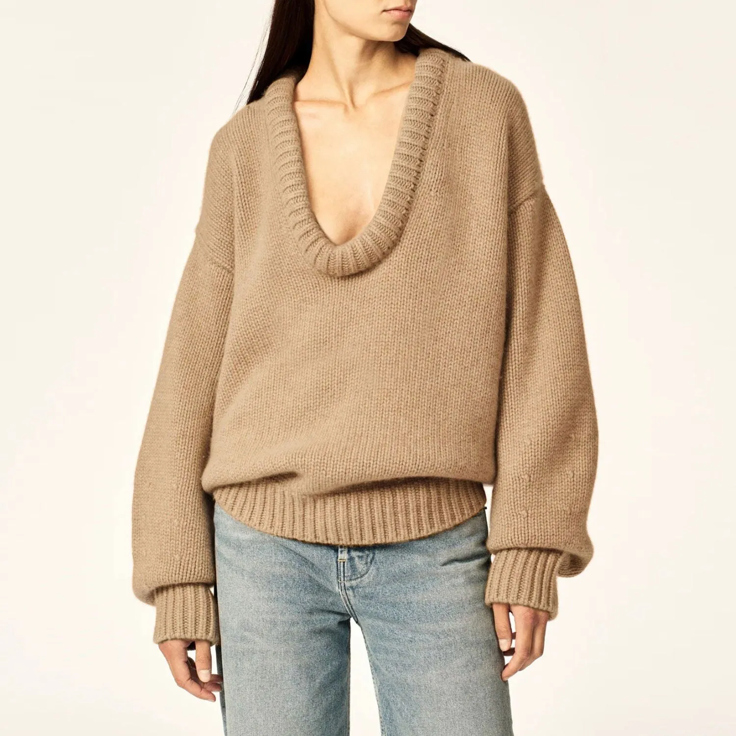 Chunky Ribbed Knit Neck Drop Shoulder Blouson Sleeve Oversized Sweater