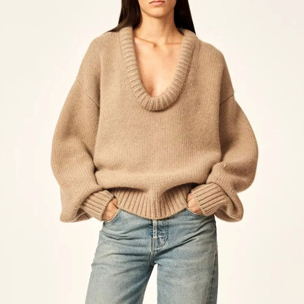 Chunky Ribbed Knit Neck Drop Shoulder Blouson Sleeve Oversized Sweater