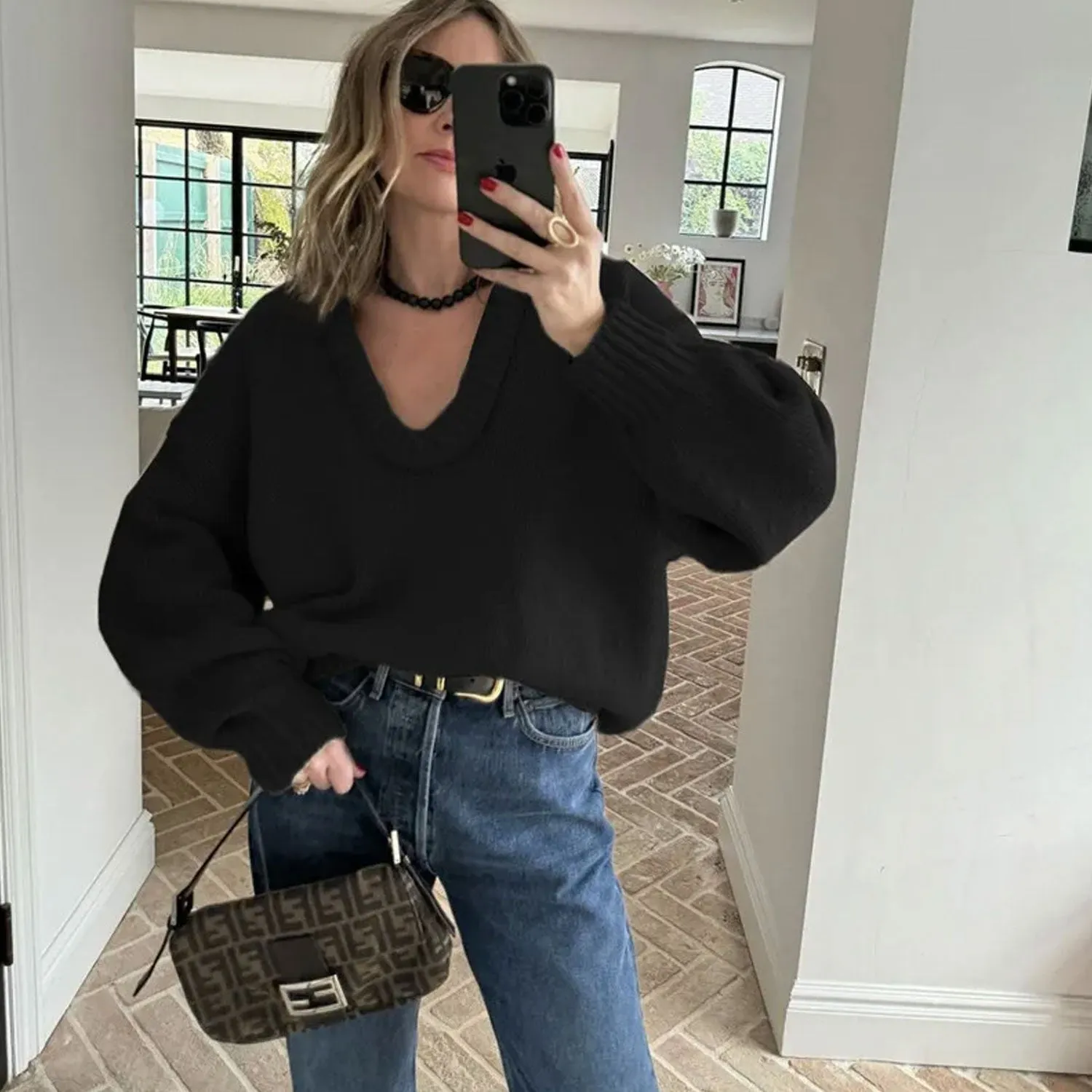 Chunky Ribbed Knit Neck Drop Shoulder Blouson Sleeve Oversized Sweater