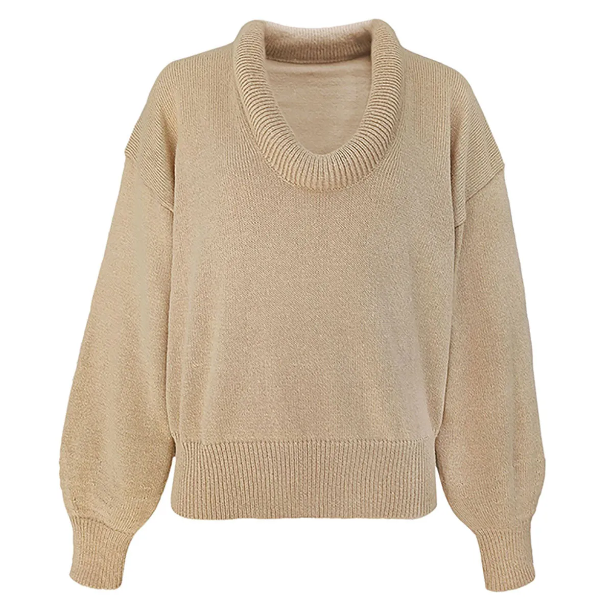 Chunky Ribbed Knit Neck Drop Shoulder Blouson Sleeve Oversized Sweater