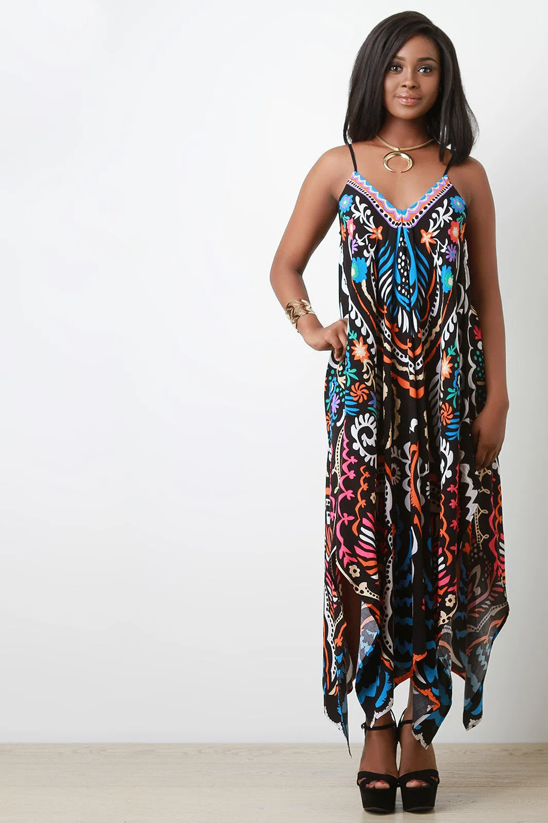 Colorful Print Asymmetrical Hem Maxi Dress