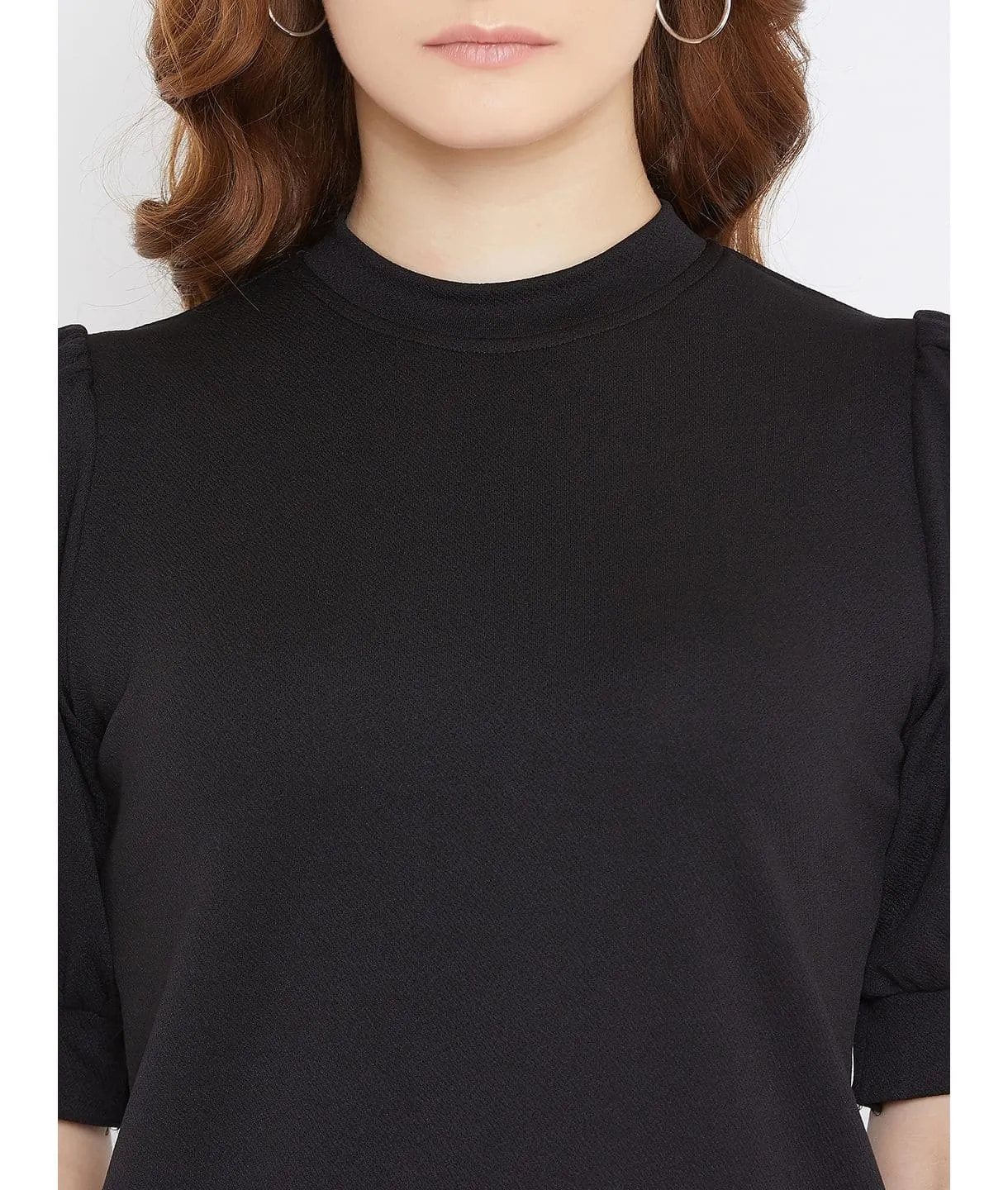 Cotton Solid Stretchable High Neck Puff Sleeve Top