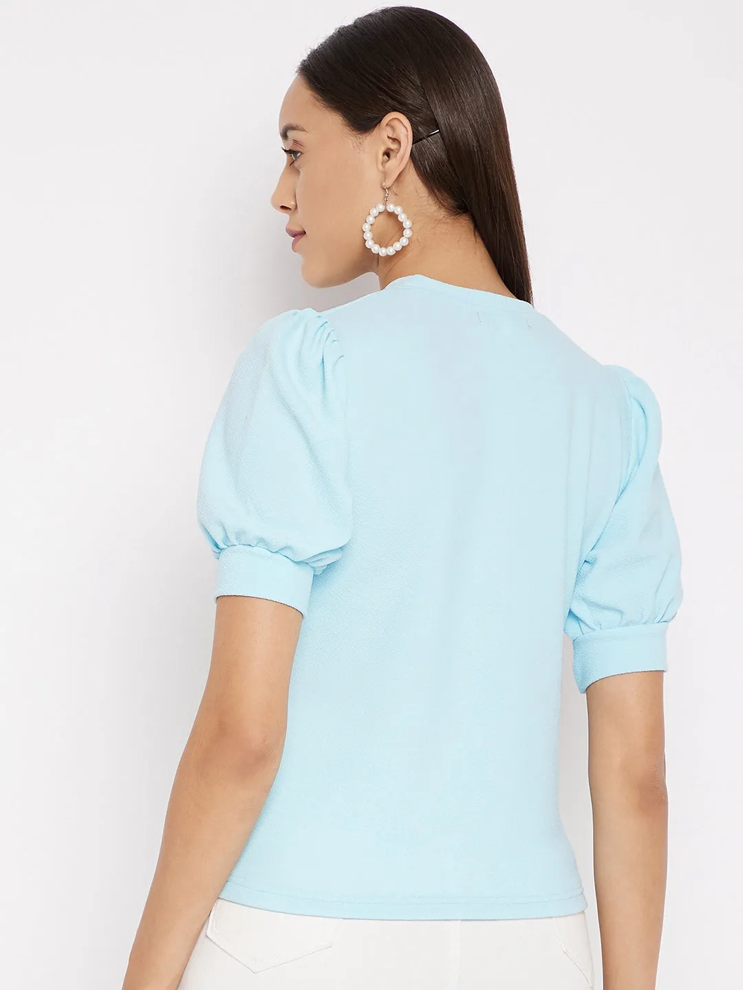 Cotton Solid Stretchable High Neck Puff Sleeve Top