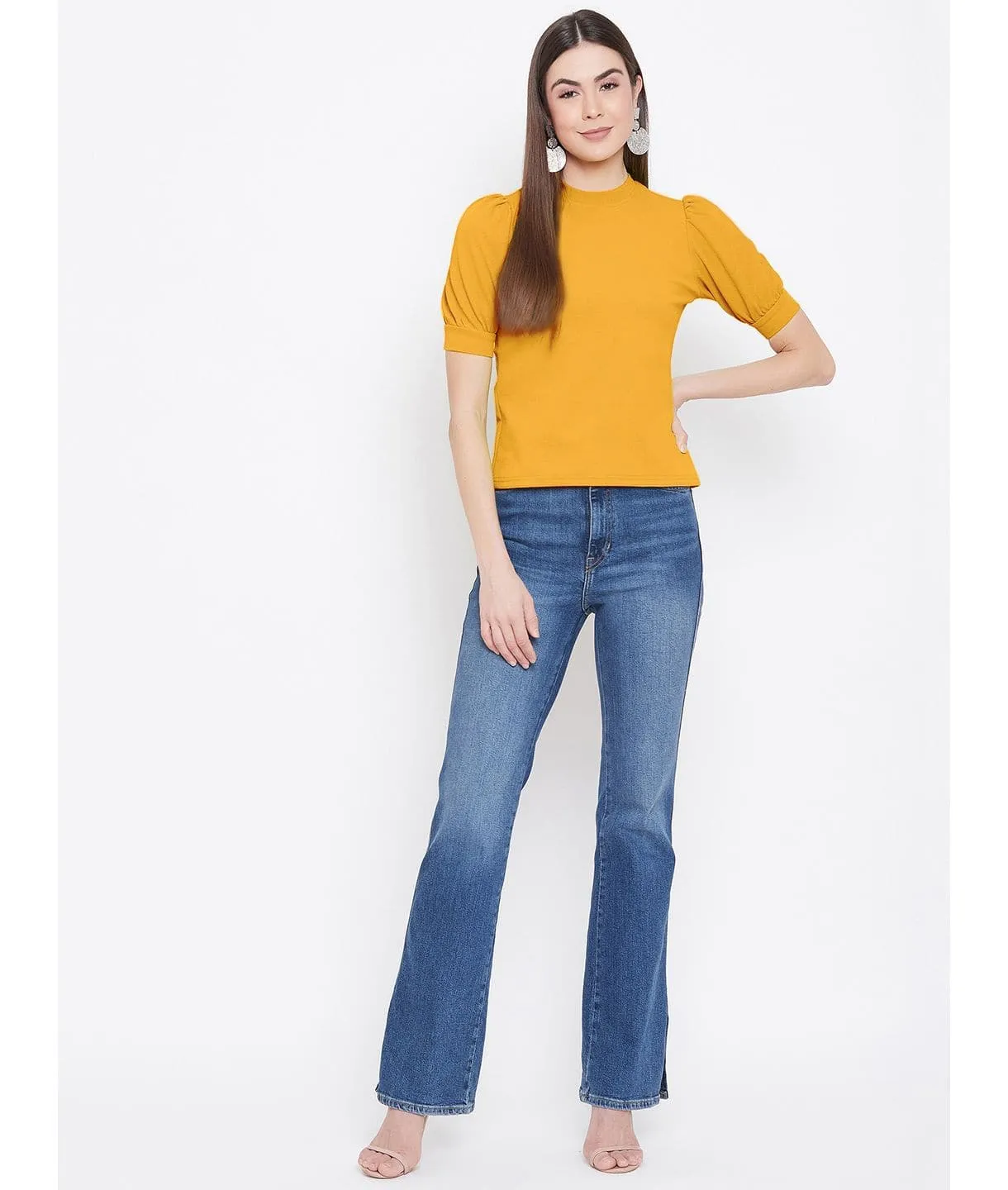 Cotton Solid Stretchable High Neck Puff Sleeve Top