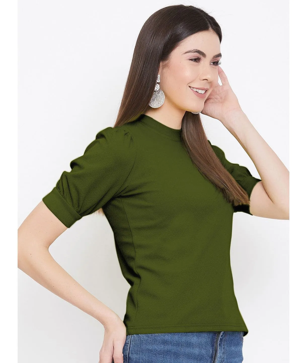 Cotton Solid Stretchable High Neck Puff Sleeve Top