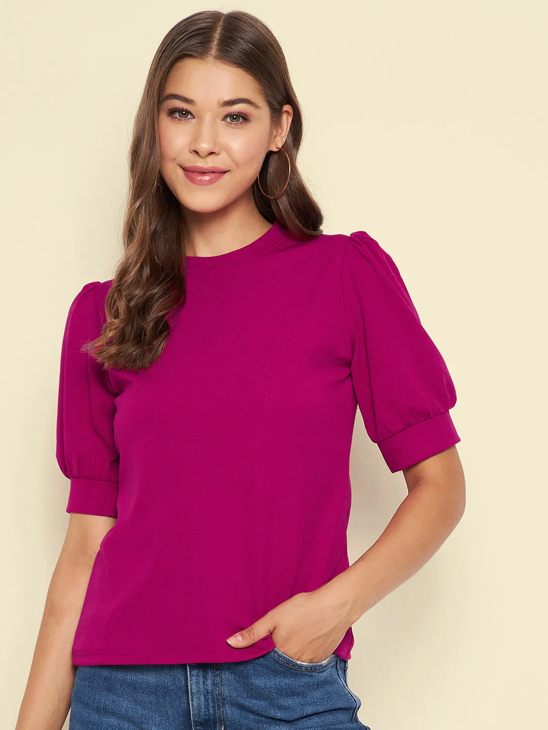 Cotton Solid Stretchable High Neck Puff Sleeve Top