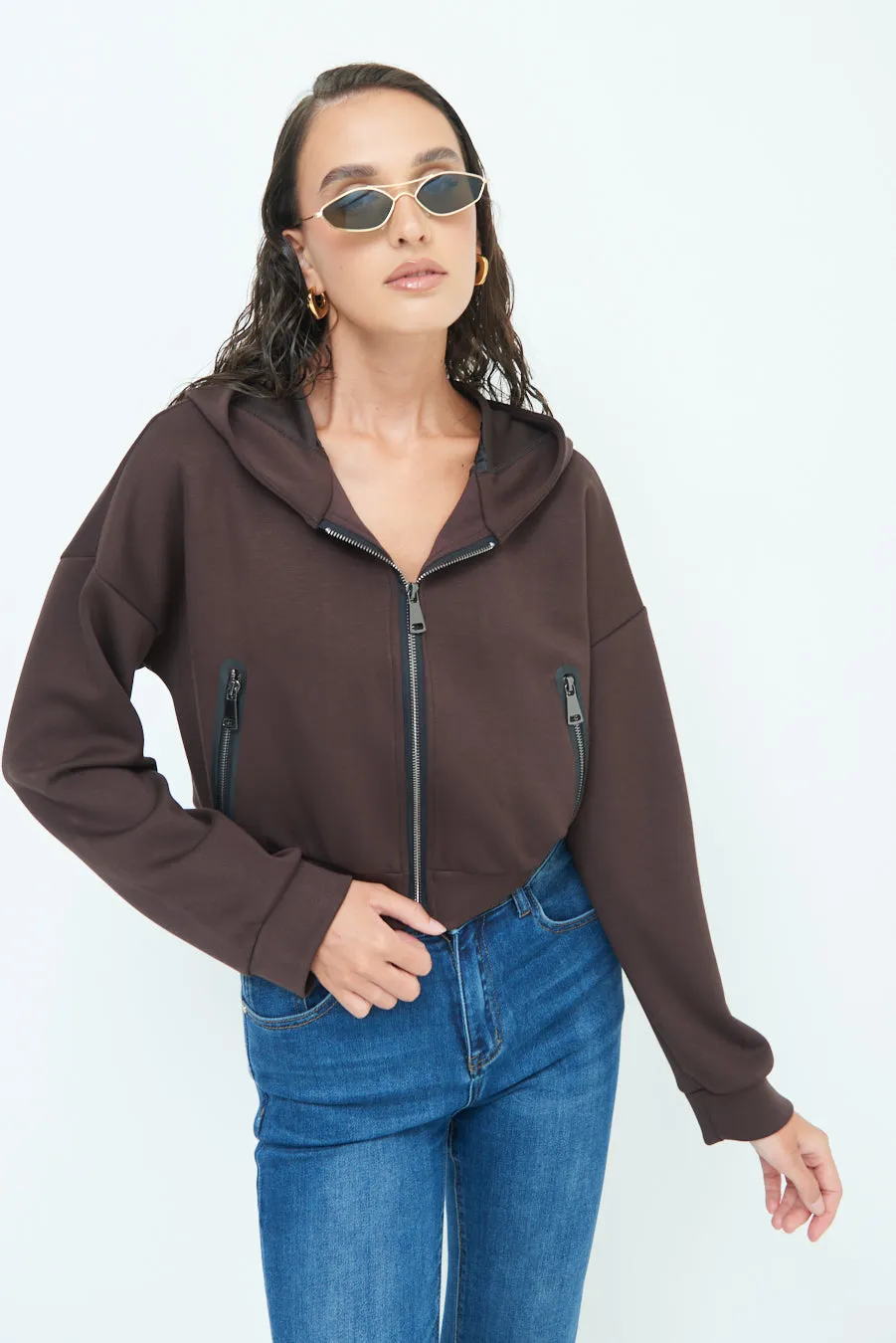 Cropped hoodie jacket with zip pockets wholesale