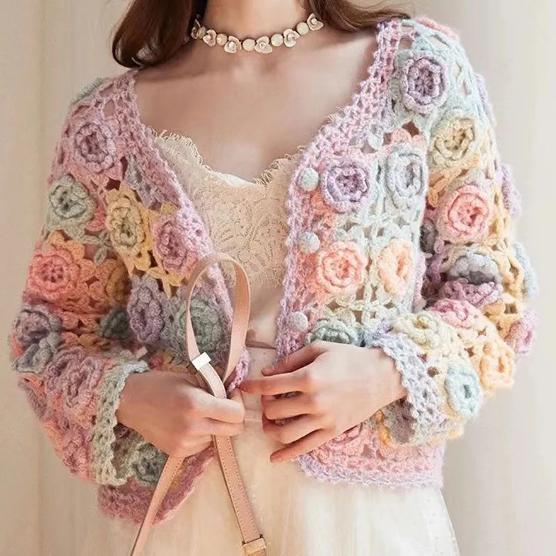 Cute Colorful Rosette Crochet Hand Knit Button Up Wool Blend Crop Cardigan