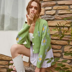 Cute V Neck Button Front Floral Jacquard Knit Green Cropped Cardigan