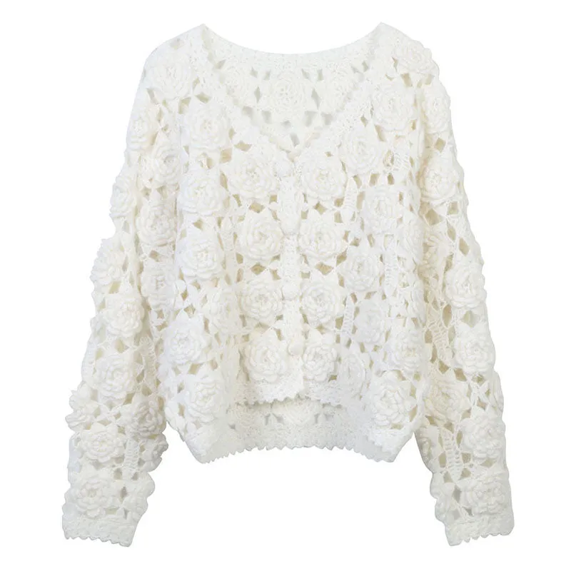 Cute White Rosette Crochet Hand Knit Button Up Wool Blend Crop Cardigan