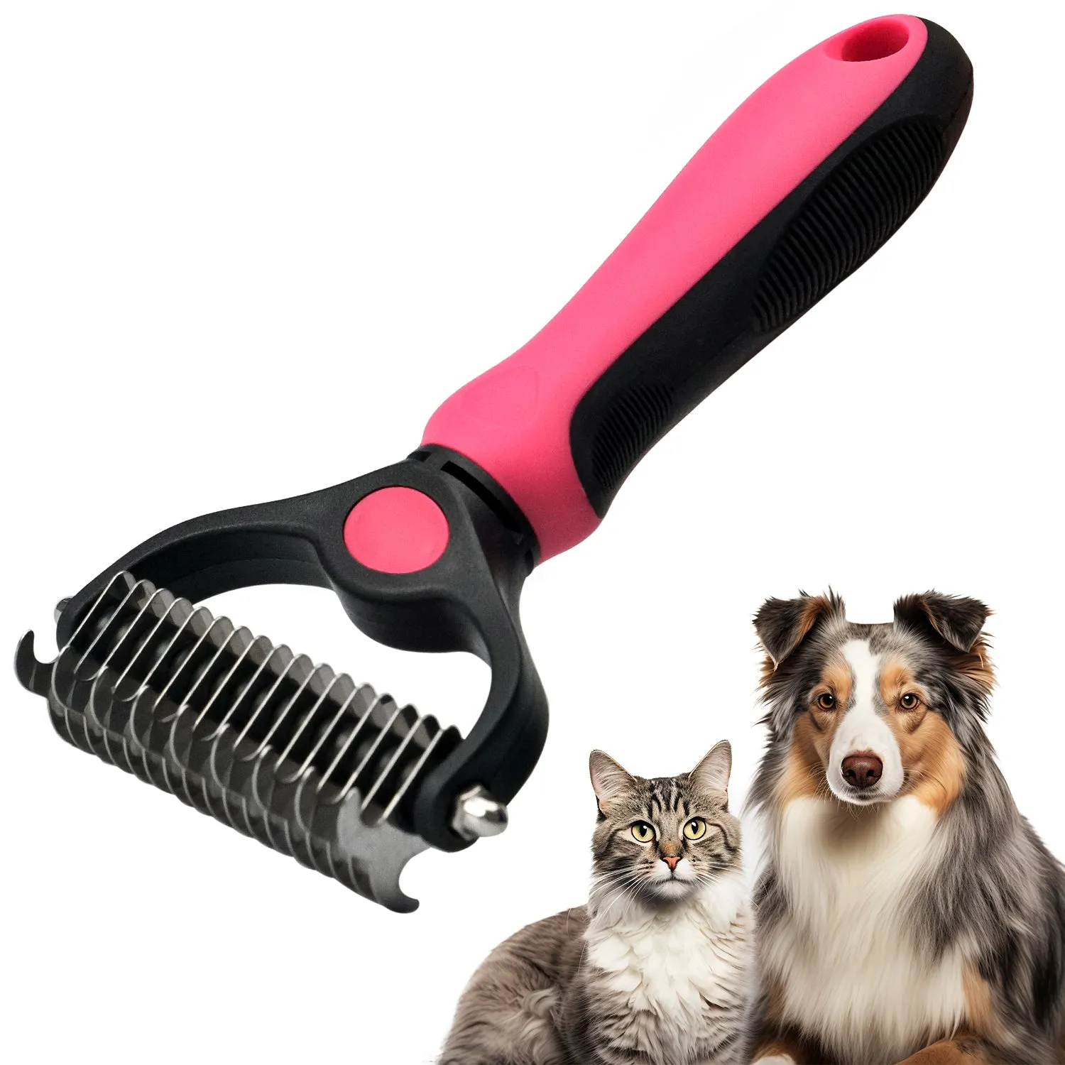 Double-Sided Pet Grooming Brush - Shedding and Dematting Undercoat Rake for Dogs and Cats - Extra Wide Grooming Tool