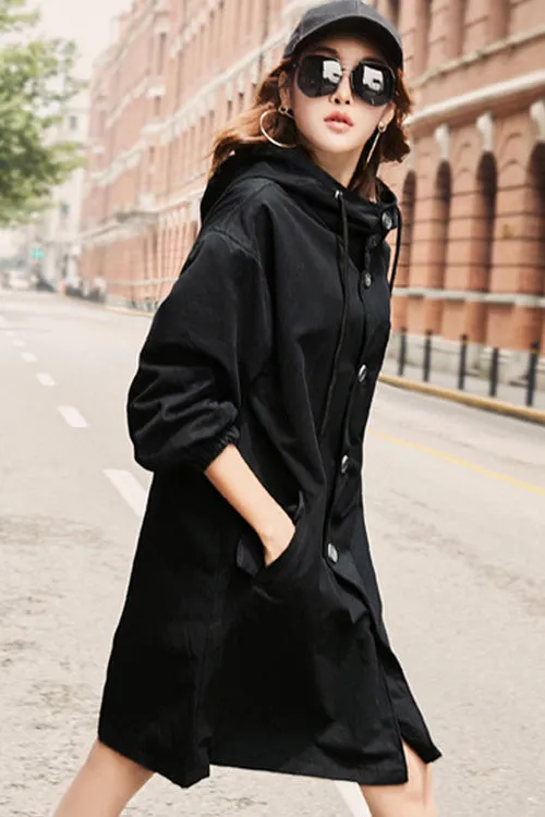 Drawstring Buttons Pockets Hooded Long Coat