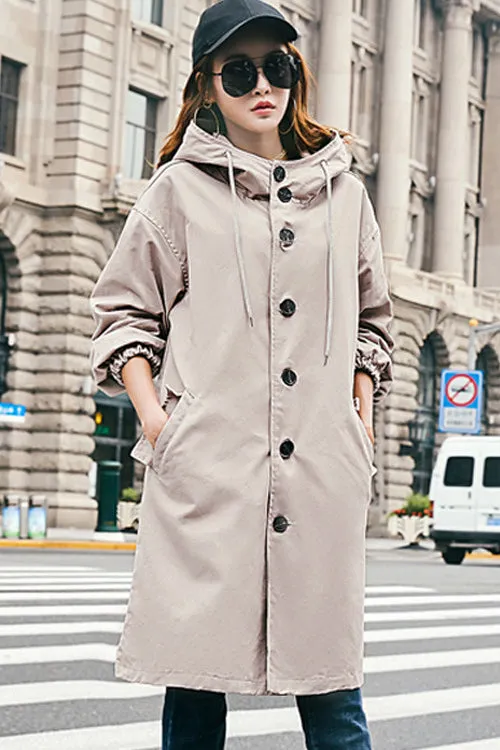 Drawstring Buttons Pockets Hooded Long Coat