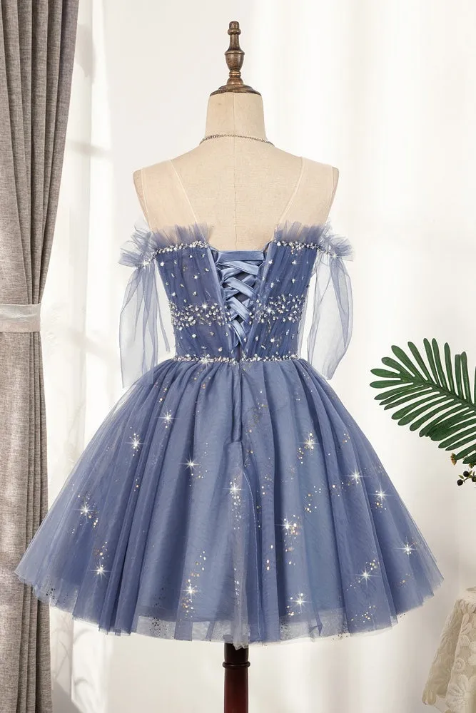 Flowy Cute A-line Blue Homecoming Dress Short Beading Prom Dress OK918