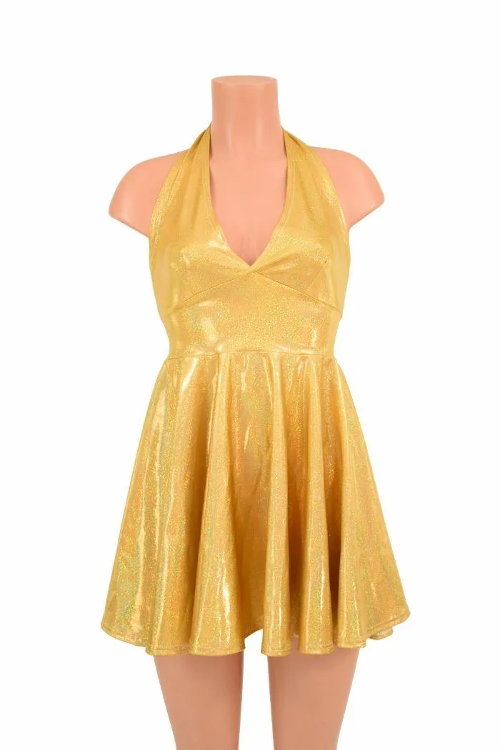 Gold Sparkly Halter Skater Dress