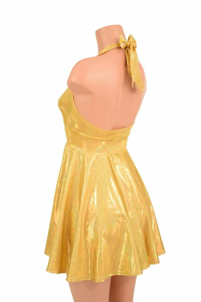 Gold Sparkly Halter Skater Dress