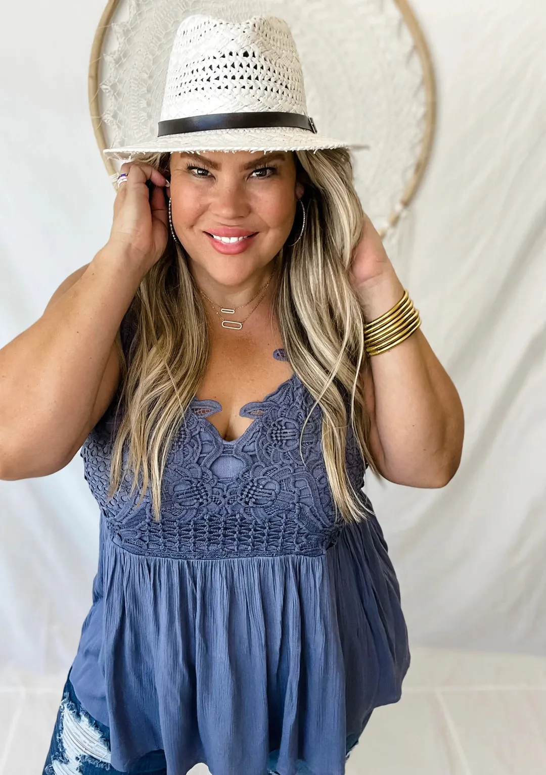 Grace Crochet & Lace Tank in Denim Blue