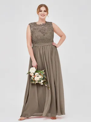 Illusion Neck Chiffon and Lace Dresses Taupe