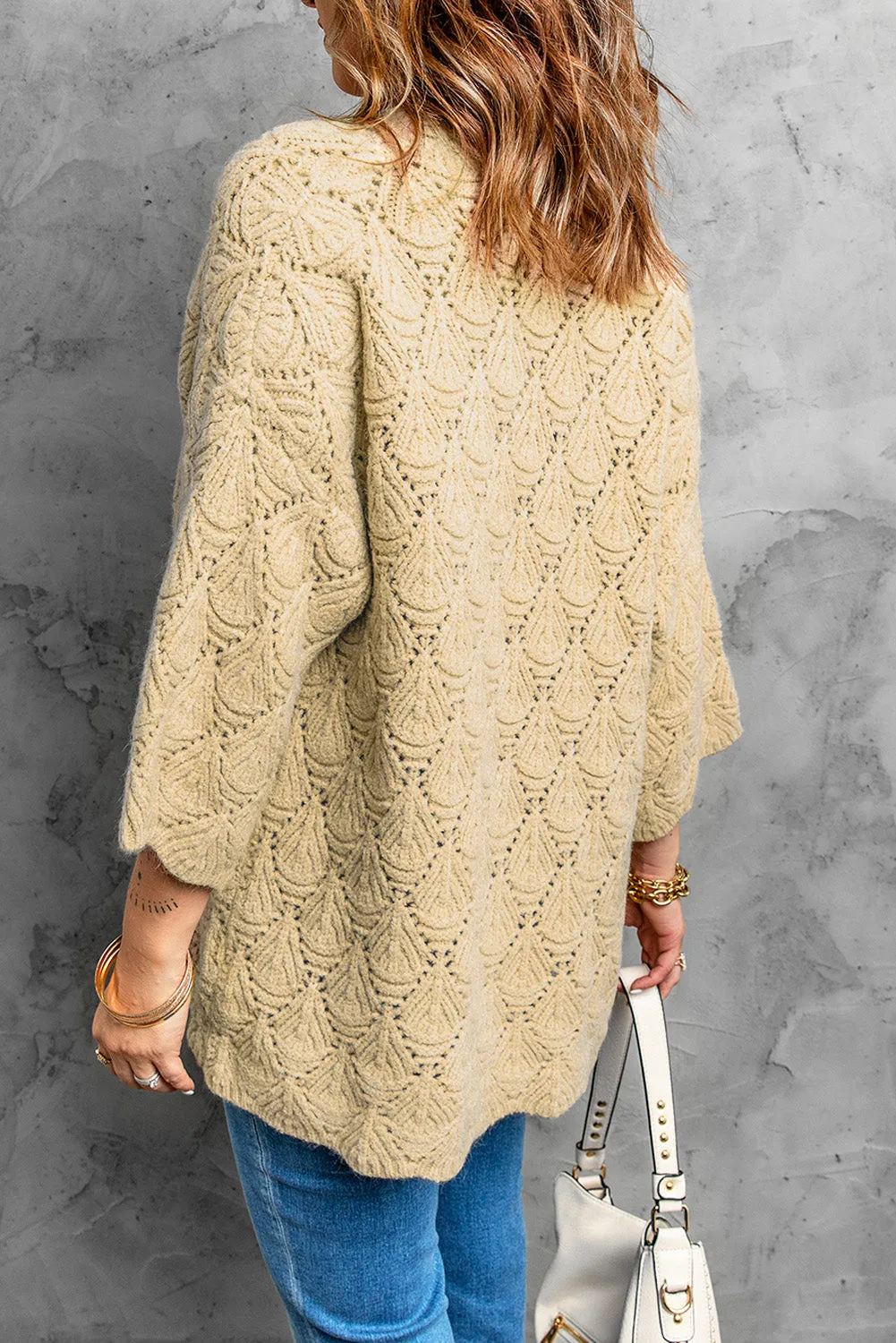 Khaki Textured Pocket Knit Open Front Cardigan