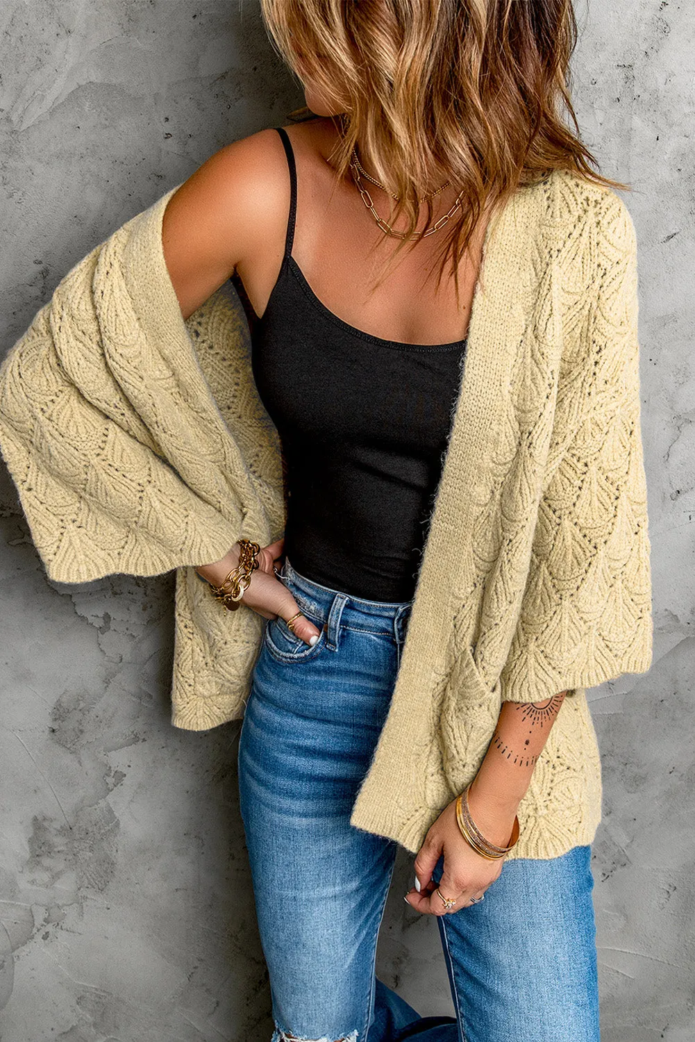 Khaki Textured Pocket Knit Open Front Cardigan