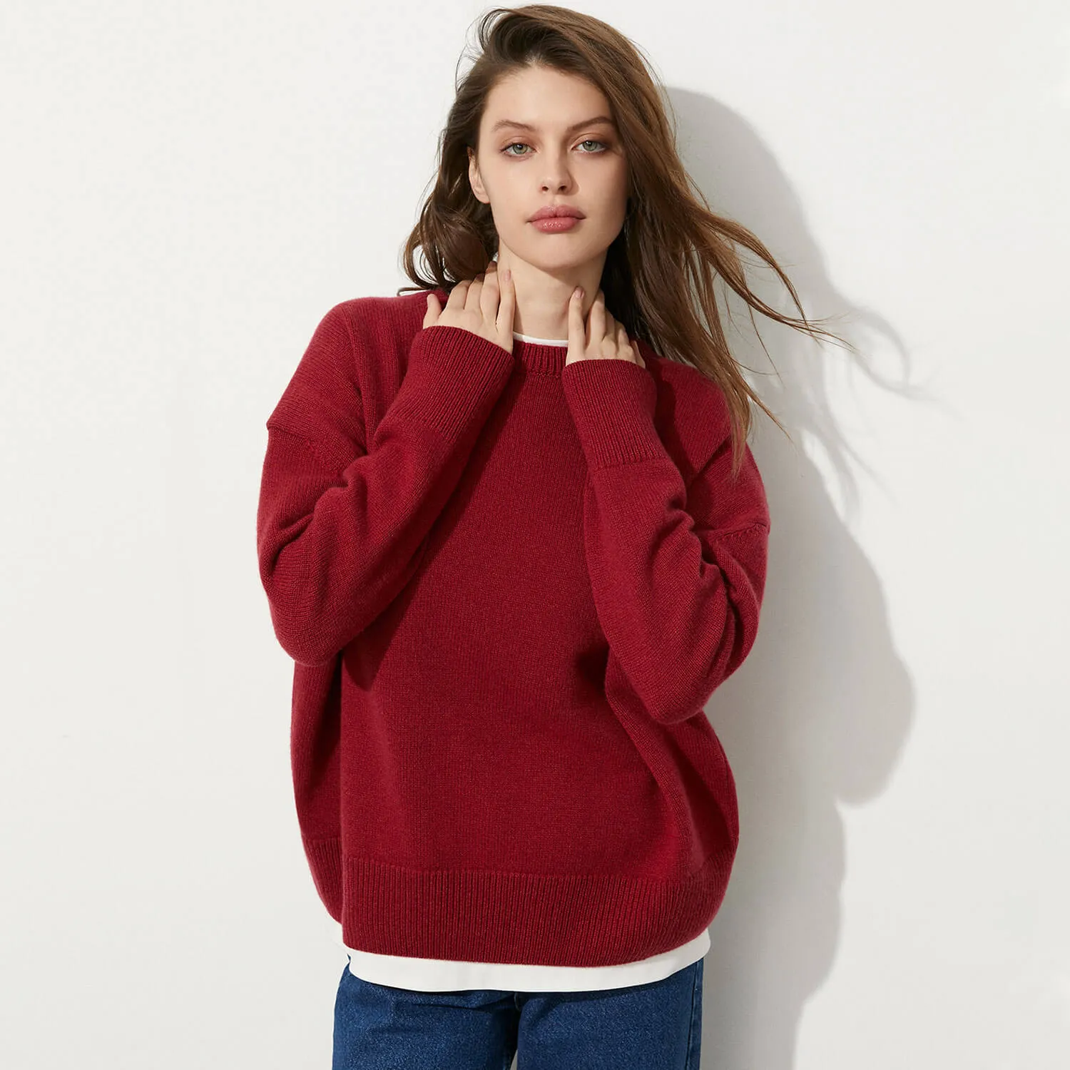 Leisure Monochrome Oversized Round Neck Long Sleeve Drop Shoulder Pullover Sweater