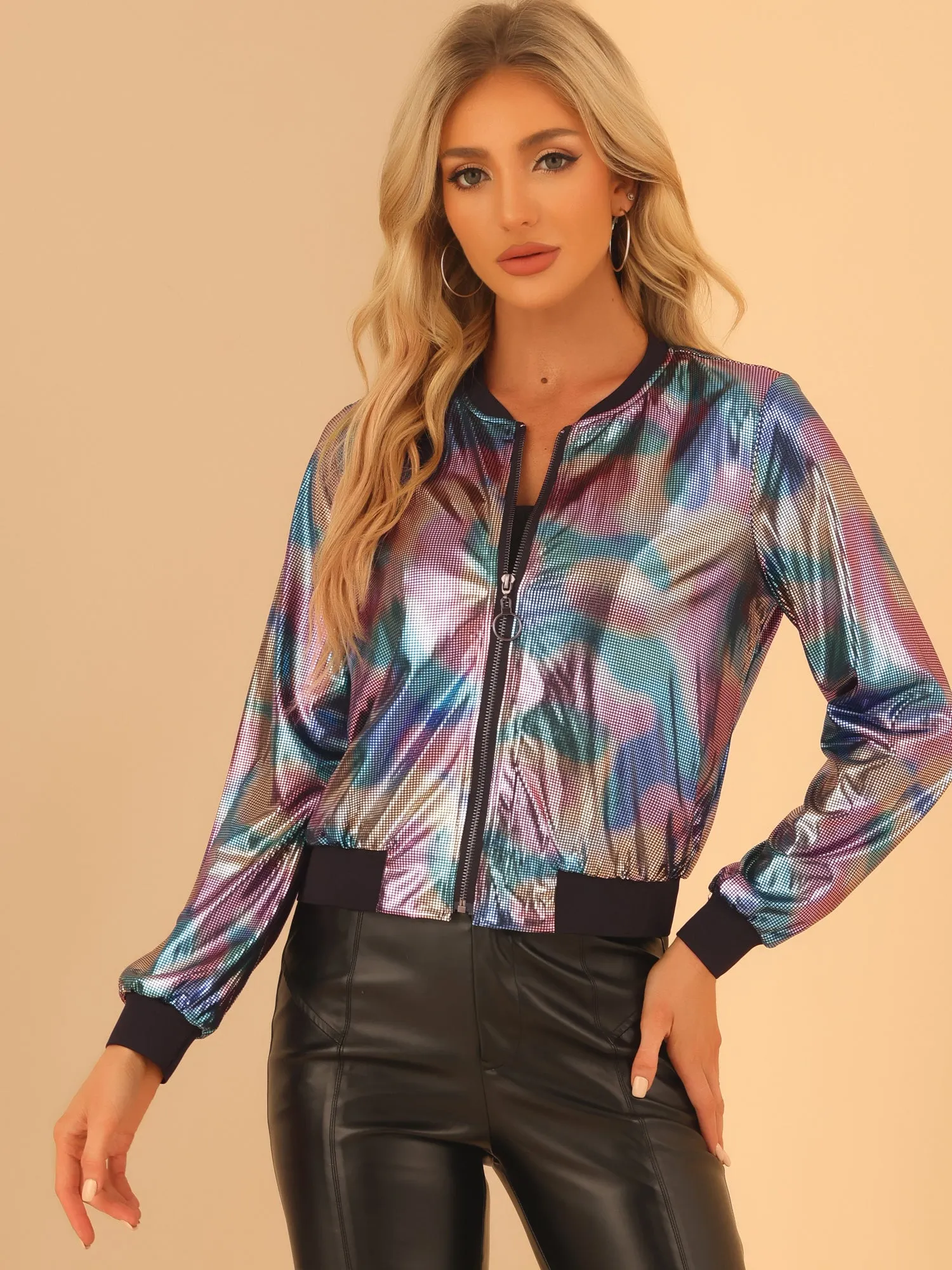 Lightweight Holographic Shimmering Metallic Bomber Jacket