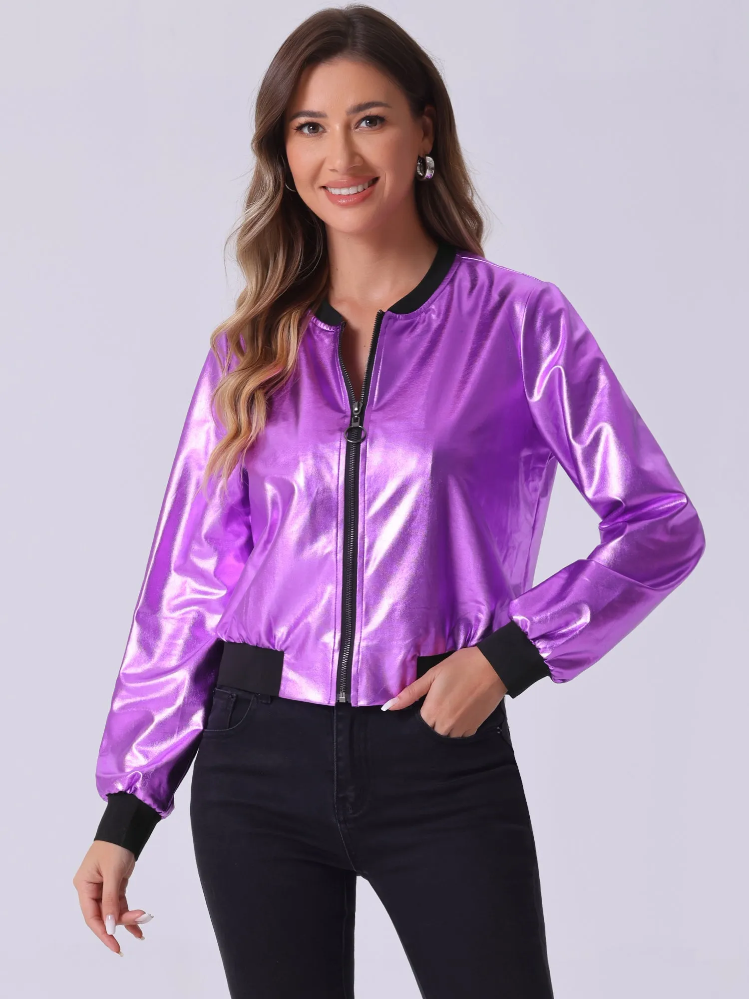 Lightweight Holographic Shimmering Metallic Bomber Jacket