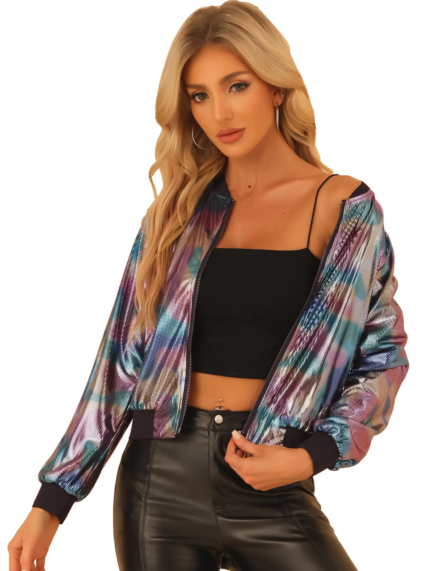 Lightweight Holographic Shimmering Metallic Bomber Jacket