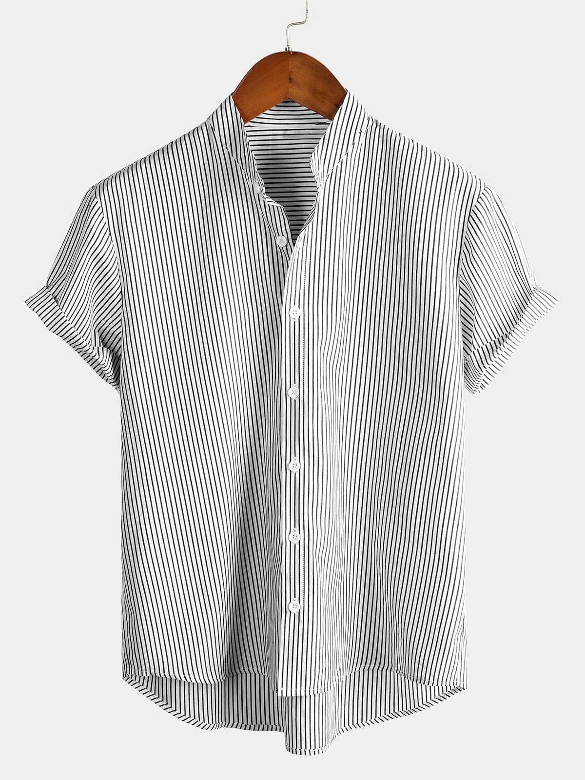 Men's Breathable Casual Stand Collar Short Sleeve Striped Shirts