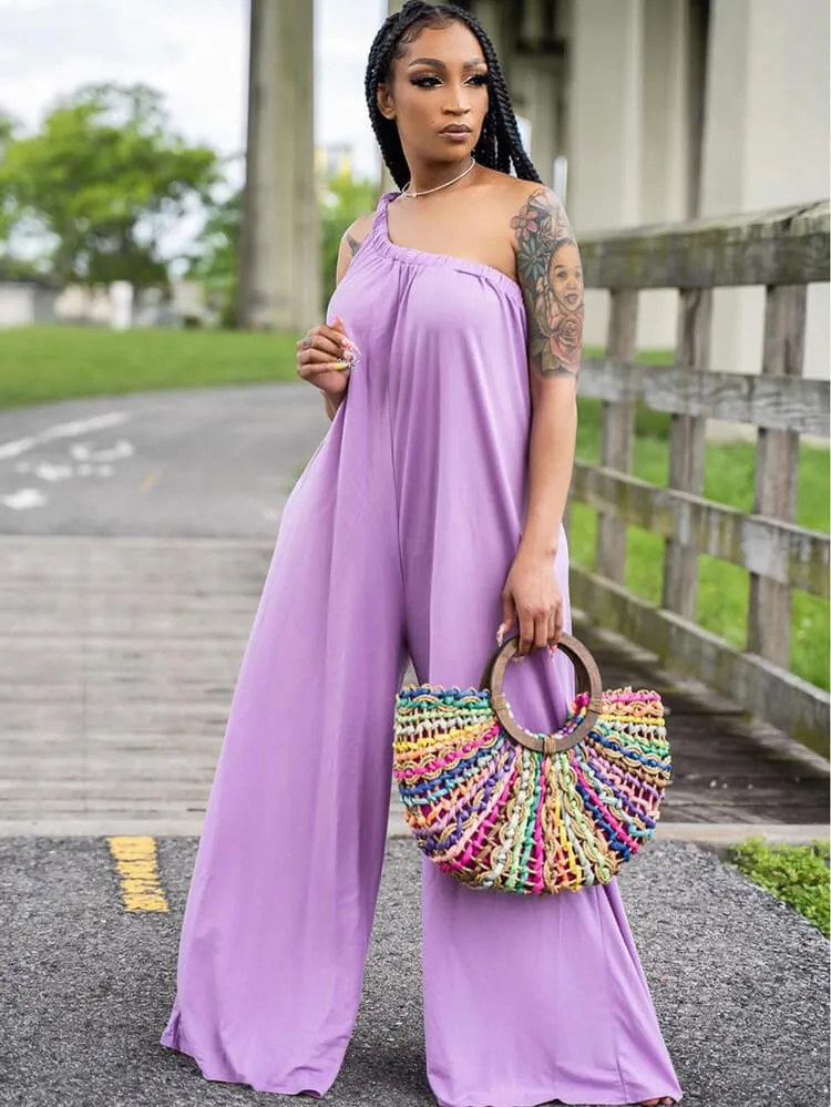 One Shoulder Sleeveless Wide Leg Jumpsuit