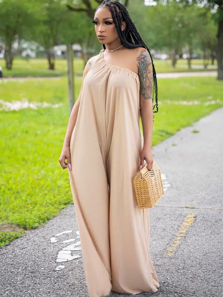 One Shoulder Sleeveless Wide Leg Jumpsuit