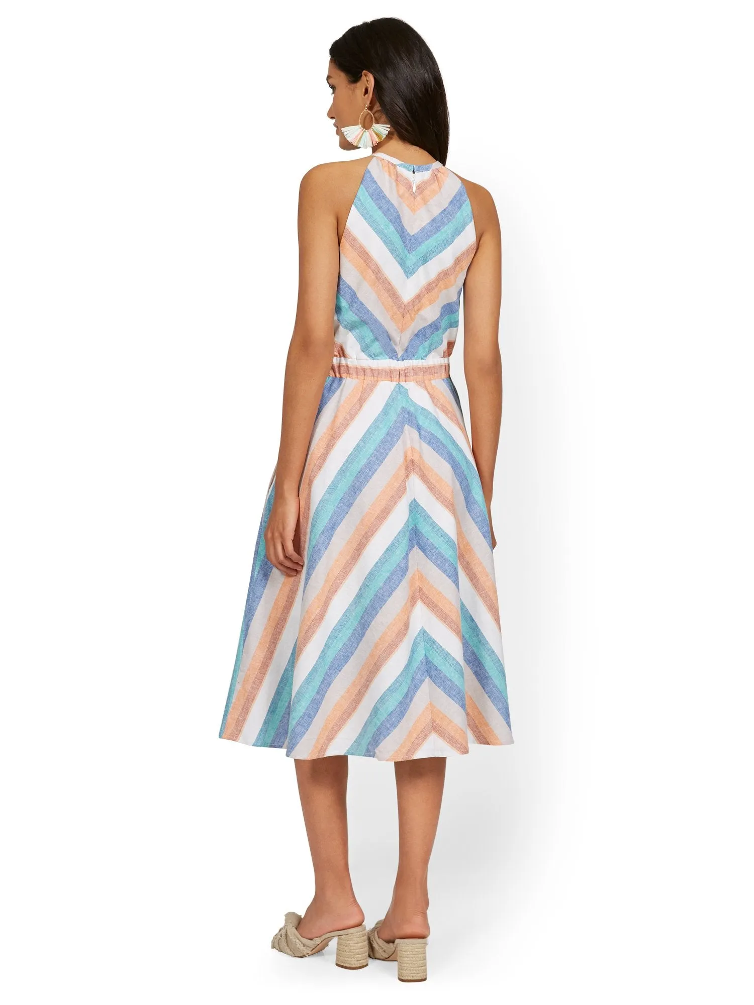 Petite Linen-Blend Multi-Stripe High Halter Midi Dress