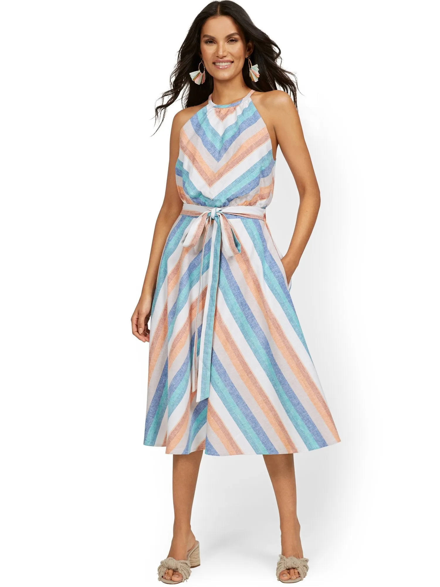 Petite Linen-Blend Multi-Stripe High Halter Midi Dress